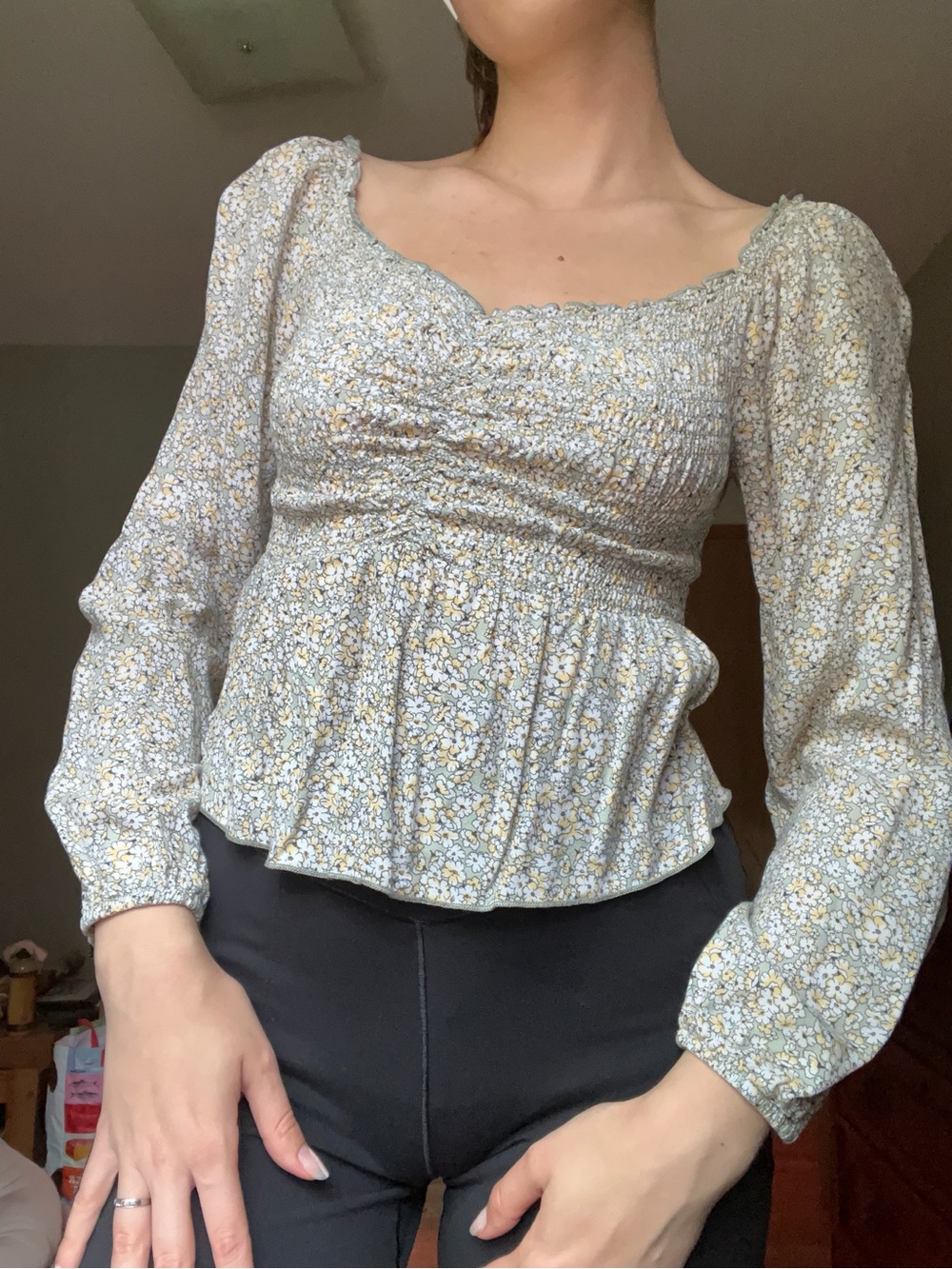URBAN Romantics Cream and Yellow Smocked Floral Peplum Top
